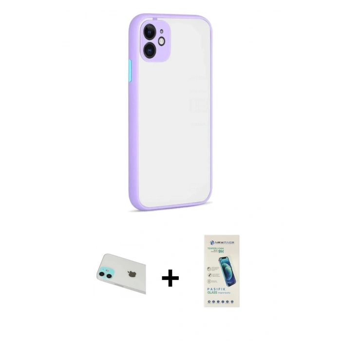 MARSİLYAN™- iPhone 12 Kılıf Ahenk Çizgi Serisi - Şeffaf Pasifik Cam Ekran Koruyucu + Rainbow Kamera Lens Koruma Cam - YL