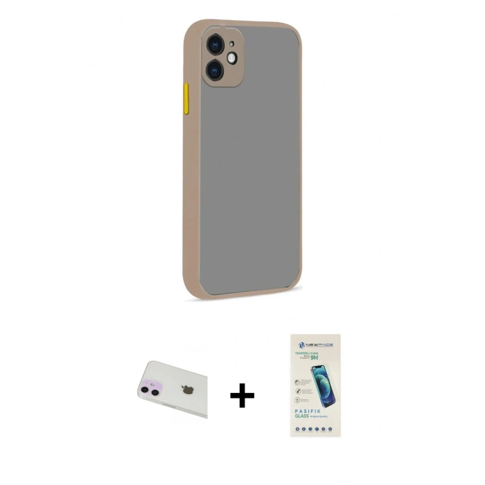 MARSİLYAN™- iPhone 12 Kılıf Ahenk Çizgi Serisi - Şeffaf Pasifik Cam Ekran Koruyucu + Rainbow Kamera Lens Koruma Cam - MR