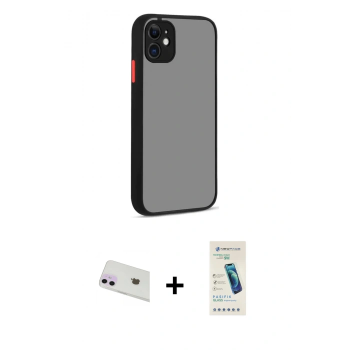 MARSİLYAN™- iPhone 12 Kılıf Ahenk Çizgi Serisi - Şeffaf Pasifik Cam Ekran Koruyucu + Rainbow Kamera Lens Koruma Cam - MR