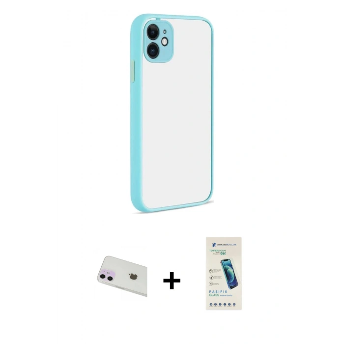 MARSİLYAN™- iPhone 12 Kılıf Ahenk Çizgi Serisi - Şeffaf Pasifik Cam Ekran Koruyucu + Rainbow Kamera Lens Koruma Cam - MR