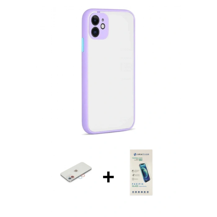 MARSİLYAN™- iPhone 12 Kılıf Ahenk Çizgi Serisi - Şeffaf Pasifik Cam Ekran Koruyucu + Renkli Kamera Lens Koruma Cam - PE