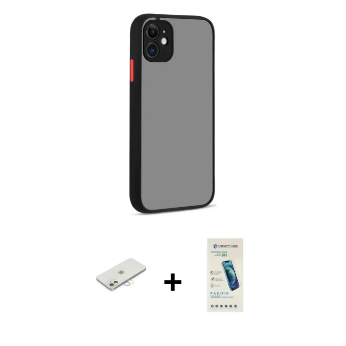 MARSİLYAN™- iPhone 12 Kılıf Ahenk Çizgi Serisi - Şeffaf Pasifik Cam Ekran Koruyucu + Renkli Kamera Lens Koruma Cam - SI