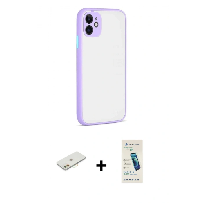 MARSİLYAN™- iPhone 12 Kılıf Ahenk Çizgi Serisi - Şeffaf Pasifik Cam Ekran Koruyucu + Renkli Kamera Lens Koruma Cam - TU