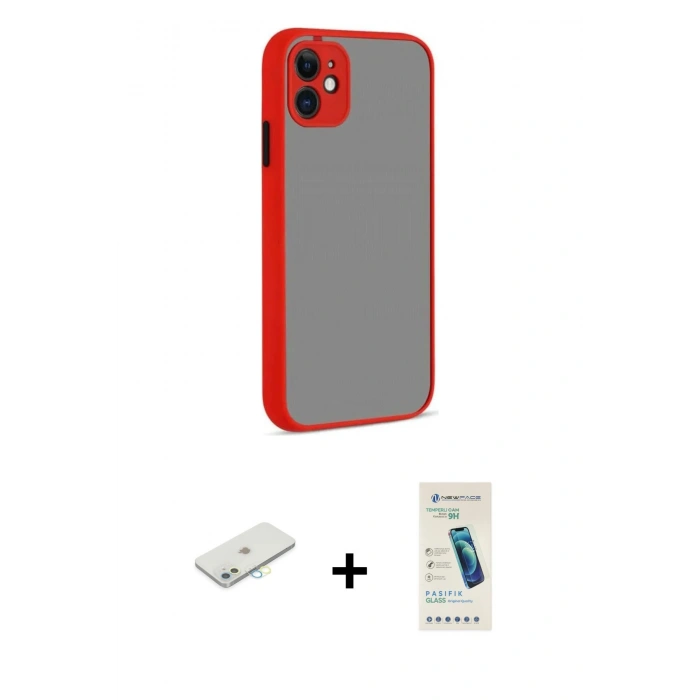 MARSİLYAN™- iPhone 12 Kılıf Ahenk Çizgi Serisi - Şeffaf Pasifik Cam Ekran Koruyucu + Renkli Kamera Lens Koruma Cam - SI