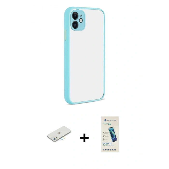 MARSİLYAN™- iPhone 12 Kılıf Ahenk Çizgi Serisi - Şeffaf Pasifik Cam Ekran Koruyucu + Renkli Kamera Lens Koruma Cam - SI