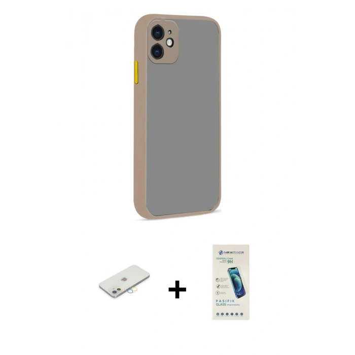 MARSİLYAN™- iPhone 12 Kılıf Ahenk Çizgi Serisi - Şeffaf Pasifik Cam Ekran Koruyucu + Renkli Kamera Lens Koruma Cam - SI