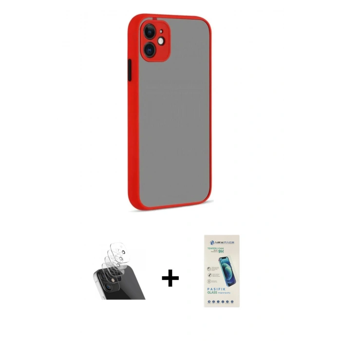 MARSİLYAN™- iPhone 12 Kılıf Ahenk Çizgi Serisi - Şeffaf Pasifik Cam Ekran Koruyucu + Şeffaf Kamera Lens Koruma Cam