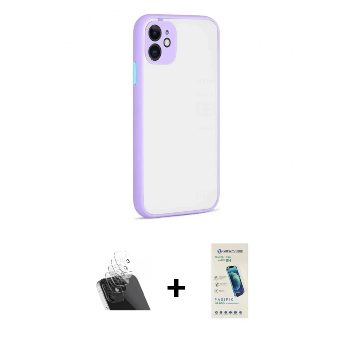 MARSİLYAN™- iPhone 12 Kılıf Ahenk Çizgi Serisi - Şeffaf Pasifik Cam Ekran Koruyucu + Şeffaf Kamera Lens Koruma Cam