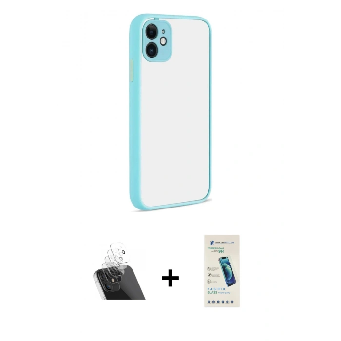 MARSİLYAN™- iPhone 12 Kılıf Ahenk Çizgi Serisi - Şeffaf Pasifik Cam Ekran Koruyucu + Şeffaf Kamera Lens Koruma Cam