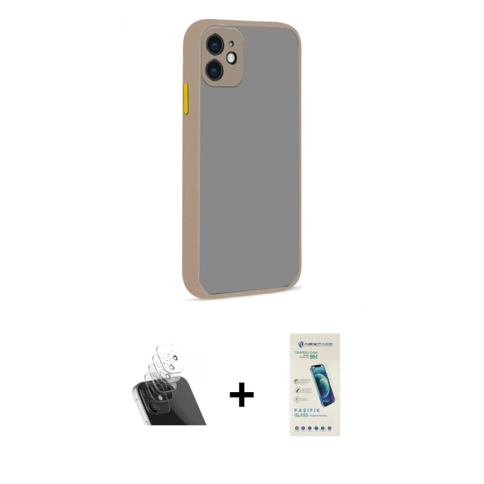 MARSİLYAN™- iPhone 12 Kılıf Ahenk Çizgi Serisi - Şeffaf Pasifik Cam Ekran Koruyucu + Şeffaf Kamera Lens Koruma Cam