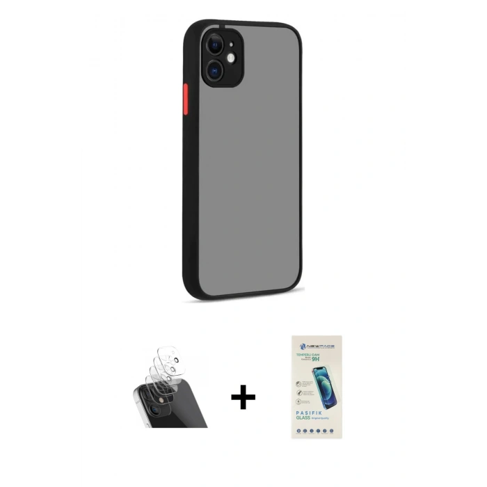 MARSİLYAN™- iPhone 12 Kılıf Ahenk Çizgi Serisi - Şeffaf Pasifik Cam Ekran Koruyucu + Şeffaf Kamera Lens Koruma Cam