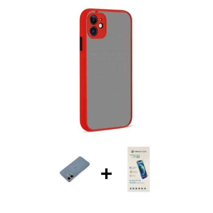 MARSİLYAN™- iPhone 12 Kılıf Ahenk Çizgi Serisi - Şeffaf Pasifik Cam Ekran Koruyucu + Shine Kamera Lens Koruma Cam - GD