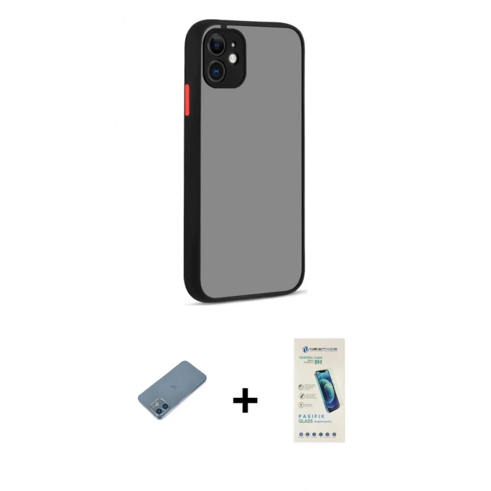 MARSİLYAN™- iPhone 12 Kılıf Ahenk Çizgi Serisi - Şeffaf Pasifik Cam Ekran Koruyucu + Shine Kamera Lens Koruma Cam - MI