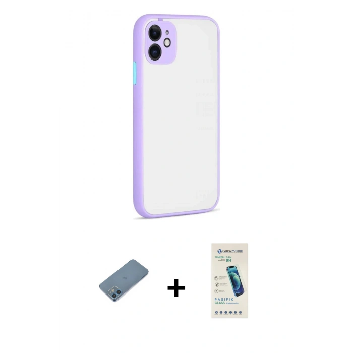 MARSİLYAN™- iPhone 12 Kılıf Ahenk Çizgi Serisi - Şeffaf Pasifik Cam Ekran Koruyucu + Shine Kamera Lens Koruma Cam - MI