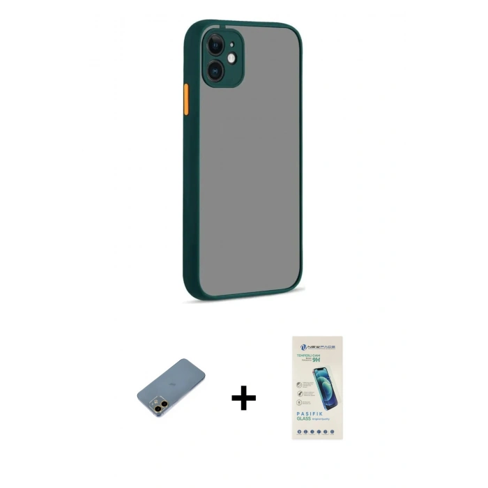 MARSİLYAN™- iPhone 12 Kılıf Ahenk Çizgi Serisi - Şeffaf Pasifik Cam Ekran Koruyucu + Shine Kamera Lens Koruma Cam - GD
