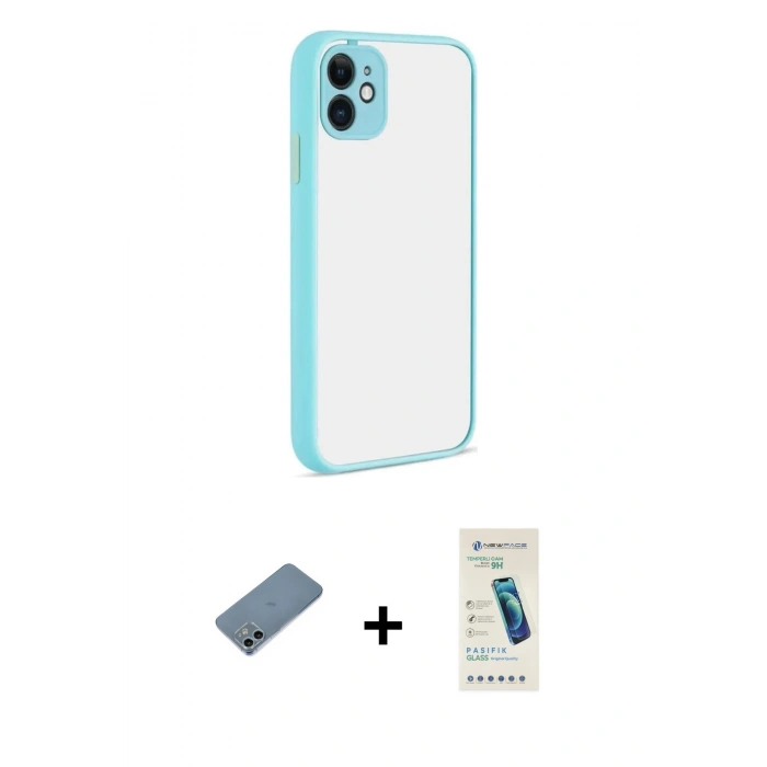 MARSİLYAN™- iPhone 12 Kılıf Ahenk Çizgi Serisi - Şeffaf Pasifik Cam Ekran Koruyucu + Shine Kamera Lens Koruma Cam - SABE
