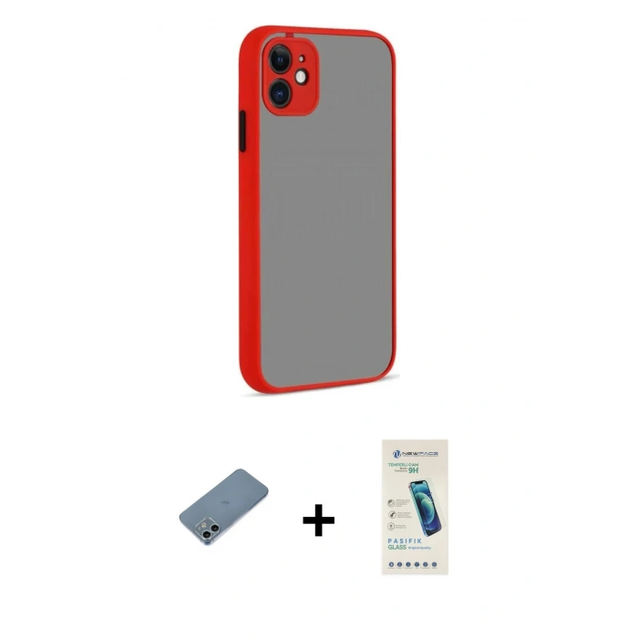 MARSİLYAN™- iPhone 12 Kılıf Ahenk Çizgi Serisi - Şeffaf Pasifik Cam Ekran Koruyucu + Shine Kamera Lens Koruma Cam - SABE