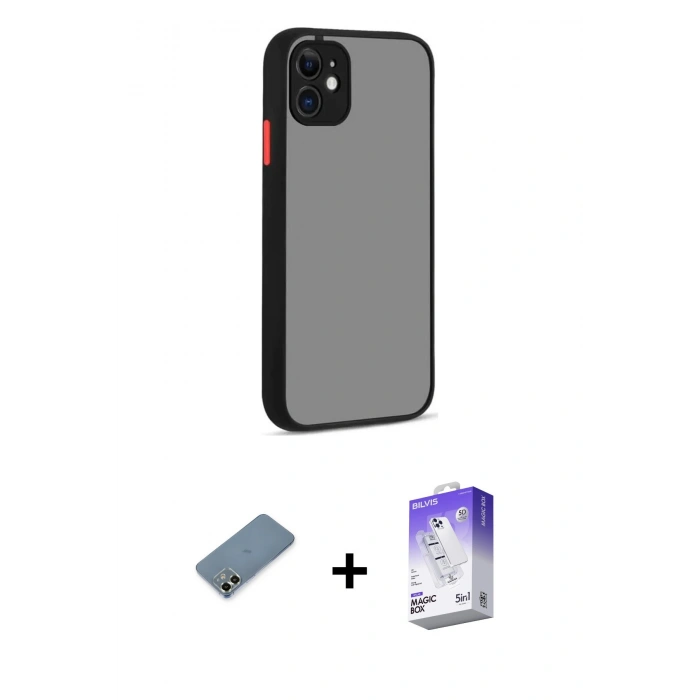 MARSİLYAN™- iPhone 12 Kılıf Ahenk Çizgi Serisi - Siyah Bilvis 5in1 3D Magic Cam Ekran Koruyucu + Metal Kamera Lens Koruma Cam - AKYL