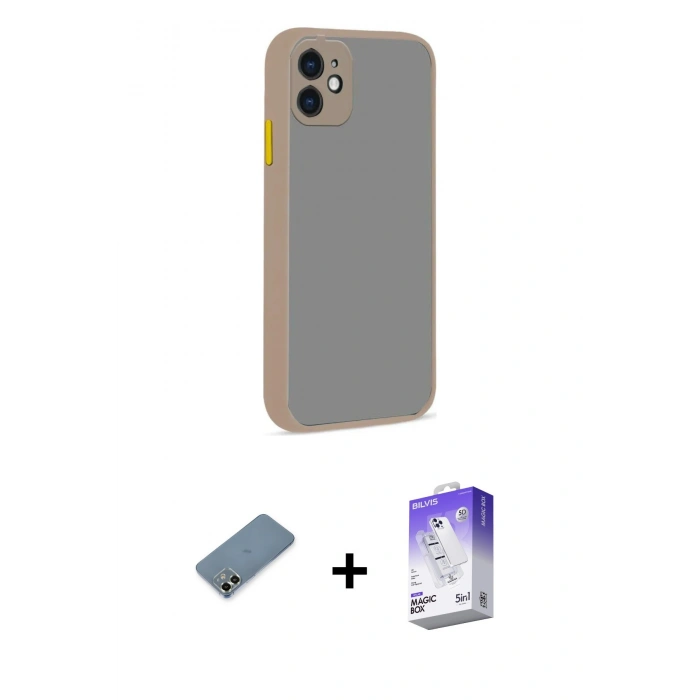 MARSİLYAN™- iPhone 12 Kılıf Ahenk Çizgi Serisi - Siyah Bilvis 5in1 3D Magic Cam Ekran Koruyucu + Metal Kamera Lens Koruma Cam - AKYL