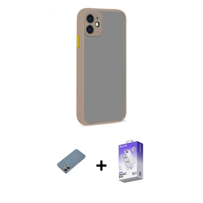 MARSİLYAN™- iPhone 12 Kılıf Ahenk Çizgi Serisi - Siyah Bilvis 5in1 3D Magic Cam Ekran Koruyucu + Shine Kamera Lens Koruma Cam - GI