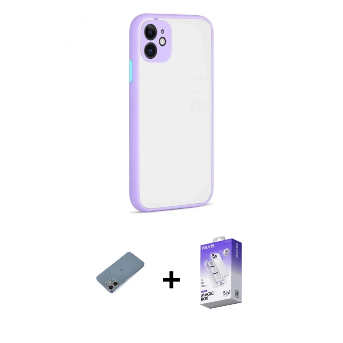 MARSİLYAN™- iPhone 12 Kılıf Ahenk Çizgi Serisi - Siyah Bilvis 5in1 3D Magic Cam Ekran Koruyucu + Shine Kamera Lens Koruma Cam - GI