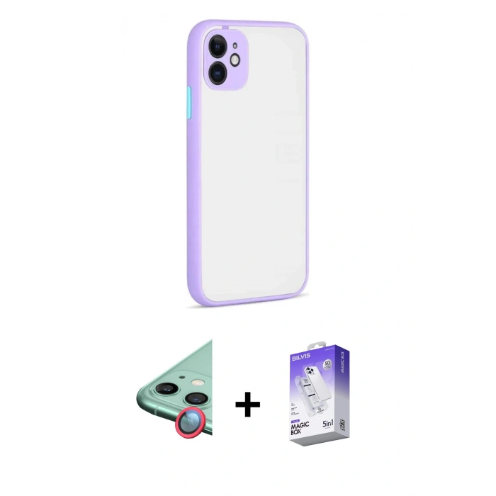 MARSİLYAN™- iPhone 12 Kılıf Ahenk Çizgi Serisi - Siyah Bilvis 5in1 3D Magic Cam Ekran Koruyucu + Kırmızı Raze Metal Kamera Lens
