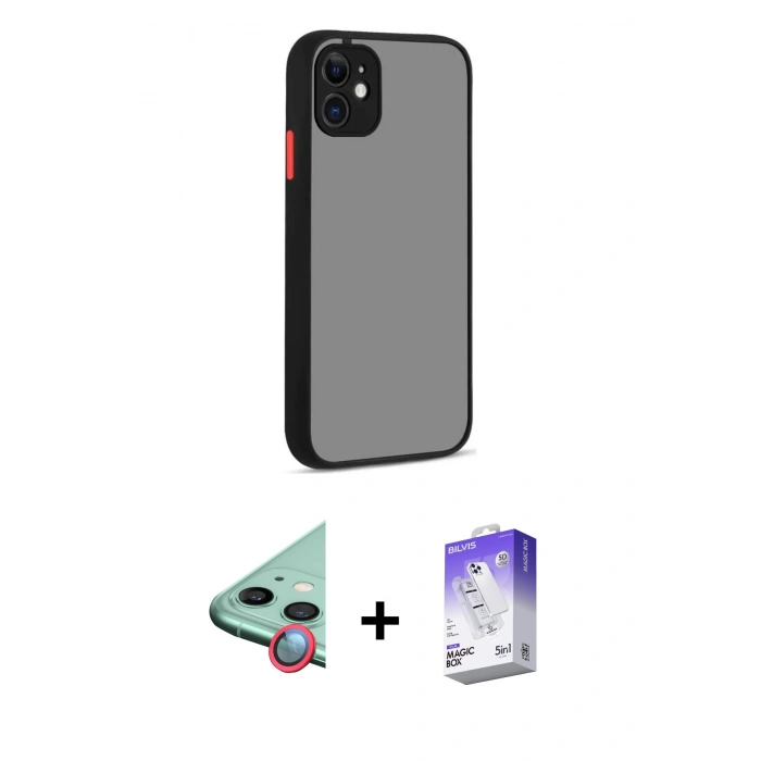 MARSİLYAN™- iPhone 12 Kılıf Ahenk Çizgi Serisi - Siyah Bilvis 5in1 3D Magic Cam Ekran Koruyucu + Kırmızı Raze Metal Kamera Lens