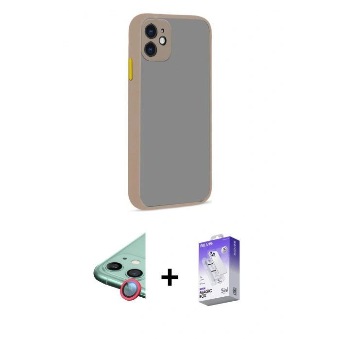 MARSİLYAN™- iPhone 12 Kılıf Ahenk Çizgi Serisi - Siyah Bilvis 5in1 3D Magic Cam Ekran Koruyucu + Kırmızı Raze Metal Kamera Lens