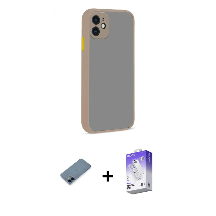 MARSİLYAN™- iPhone 12 Kılıf Ahenk Çizgi Serisi - Siyah Bilvis 5in1 3D Magic Cam Ekran Koruyucu + Mavi Metal Kamera Lens Koruma Cam