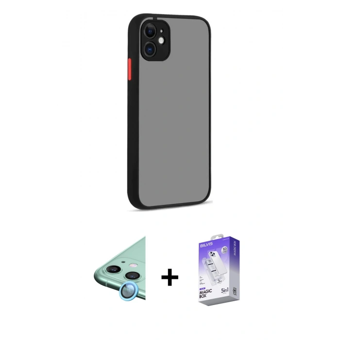 MARSİLYAN™- iPhone 12 Kılıf Ahenk Çizgi Serisi - Siyah Bilvis 5in1 3D Magic Cam Ekran Koruyucu + Mavi Raze Metal Kamera Lens