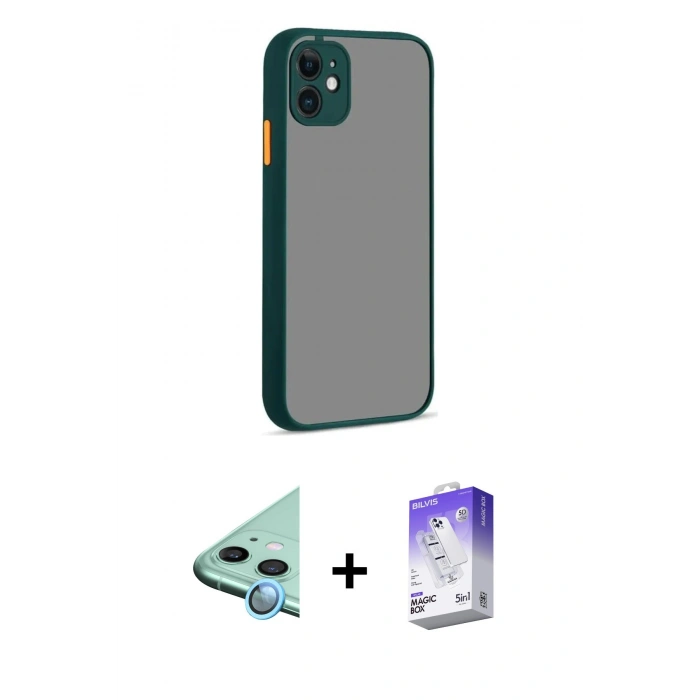 MARSİLYAN™- iPhone 12 Kılıf Ahenk Çizgi Serisi - Siyah Bilvis 5in1 3D Magic Cam Ekran Koruyucu + Mavi Raze Metal Kamera Lens