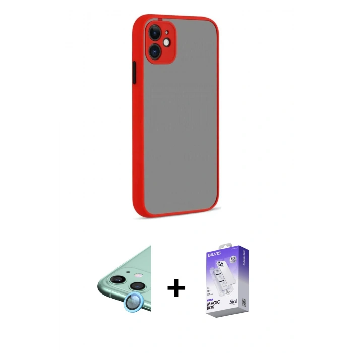 MARSİLYAN™- iPhone 12 Kılıf Ahenk Çizgi Serisi - Siyah Bilvis 5in1 3D Magic Cam Ekran Koruyucu + Mavi Raze Metal Kamera Lens