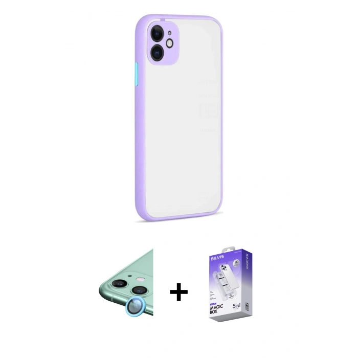 MARSİLYAN™- iPhone 12 Kılıf Ahenk Çizgi Serisi - Siyah Bilvis 5in1 3D Magic Cam Ekran Koruyucu + Mavi Raze Metal Kamera Lens