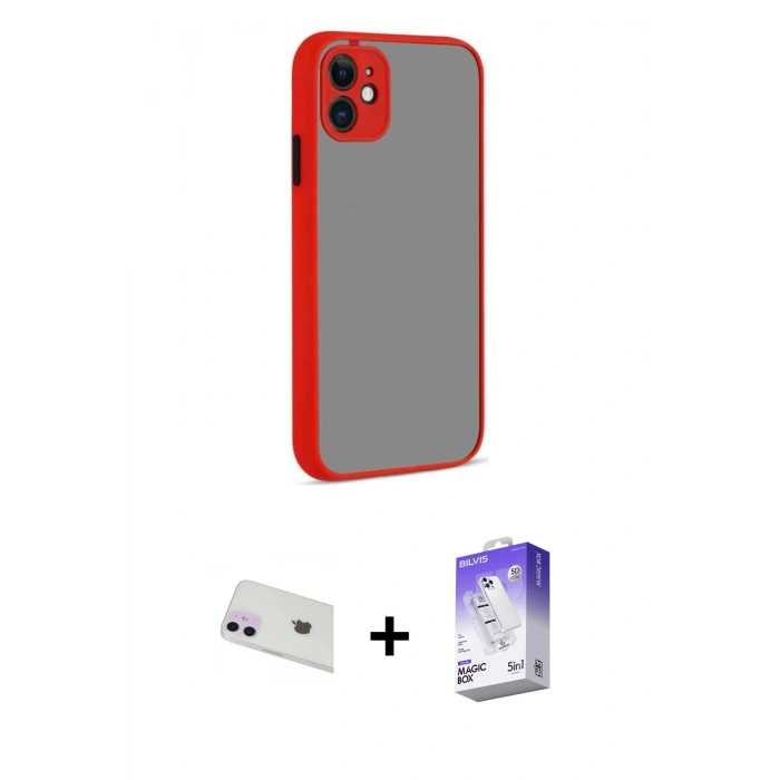 MARSİLYAN™- iPhone 12 Kılıf Ahenk Çizgi Serisi - Siyah Bilvis 5in1 3D Magic Cam Ekran Koruyucu + Rainbow Kamera Lens Koruma Cam - MR