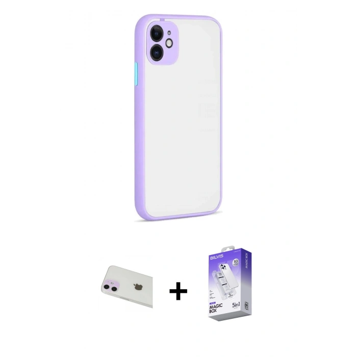 MARSİLYAN™- iPhone 12 Kılıf Ahenk Çizgi Serisi - Siyah Bilvis 5in1 3D Magic Cam Ekran Koruyucu + Rainbow Kamera Lens Koruma Cam - MR