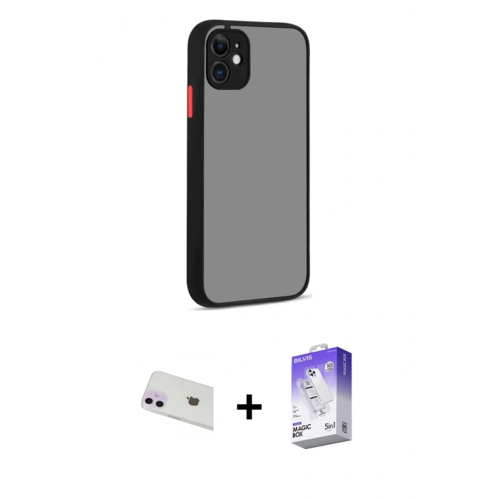 MARSİLYAN™- iPhone 12 Kılıf Ahenk Çizgi Serisi - Siyah Bilvis 5in1 3D Magic Cam Ekran Koruyucu + Rainbow Kamera Lens Koruma Cam - MR