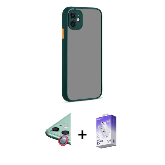 MARSİLYAN™- iPhone 12 Kılıf Ahenk Çizgi Serisi - Siyah Bilvis 5in1 3D Magic Cam Ekran Koruyucu + Raze Metal Kamera Lens - KI