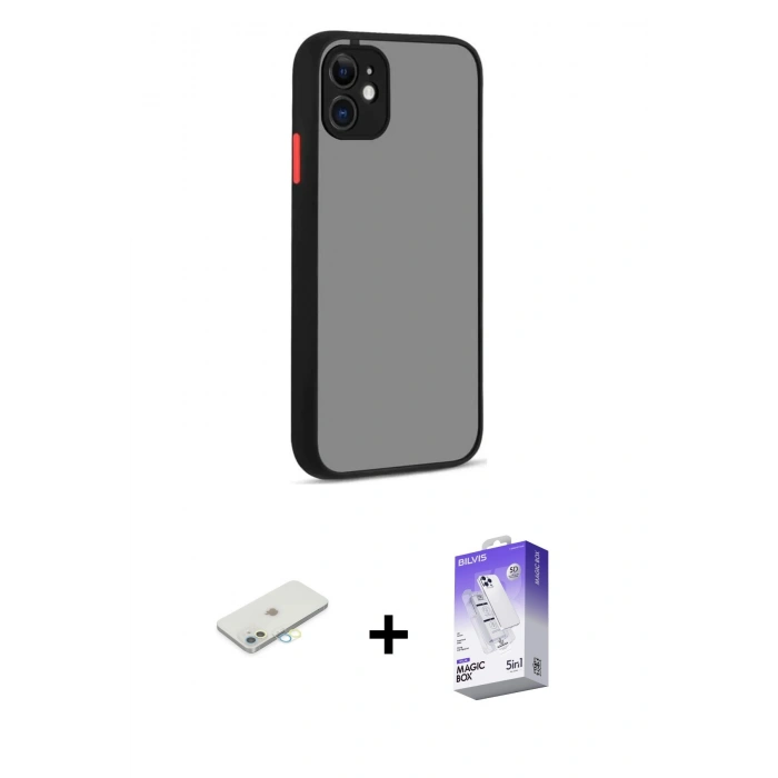 MARSİLYAN™- iPhone 12 Kılıf Ahenk Çizgi Serisi - Siyah Bilvis 5in1 3D Magic Cam Ekran Koruyucu + Renkli Kamera Lens Koruma Cam - SI