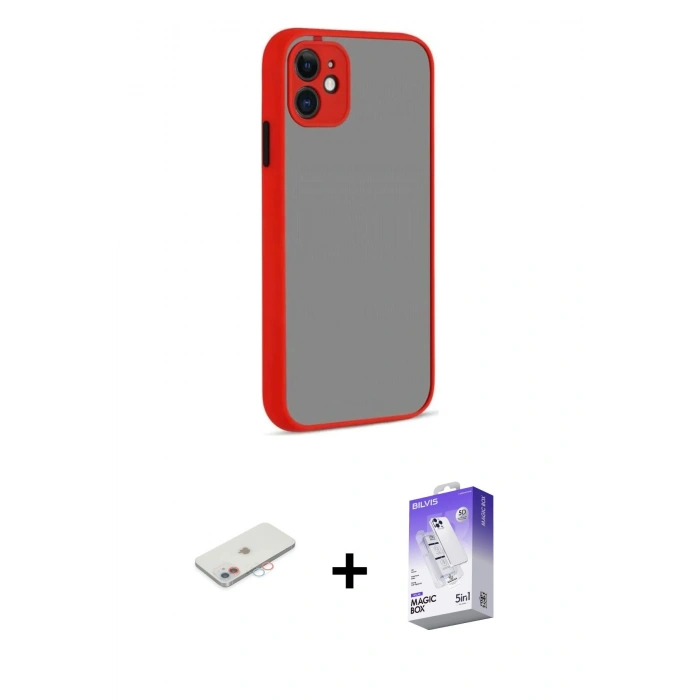 MARSİLYAN™- iPhone 12 Kılıf Ahenk Çizgi Serisi - Siyah Bilvis 5in1 3D Magic Cam Ekran Koruyucu + Renkli Kamera Lens Koruma Cam - PE
