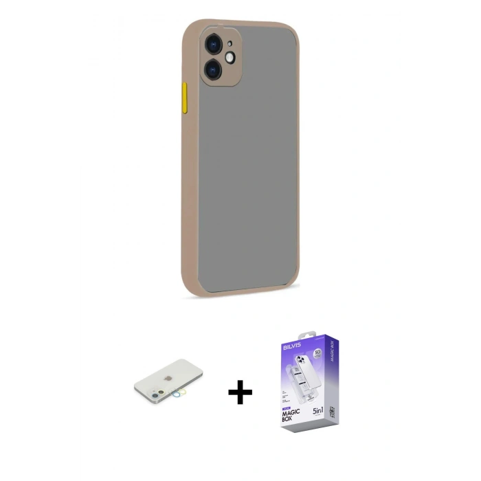 MARSİLYAN™- iPhone 12 Kılıf Ahenk Çizgi Serisi - Siyah Bilvis 5in1 3D Magic Cam Ekran Koruyucu + Renkli Kamera Lens Koruma Cam - SI
