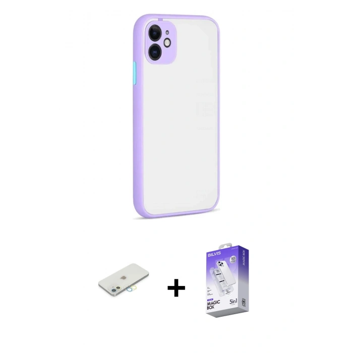MARSİLYAN™- iPhone 12 Kılıf Ahenk Çizgi Serisi - Siyah Bilvis 5in1 3D Magic Cam Ekran Koruyucu + Renkli Kamera Lens Koruma Cam - SI