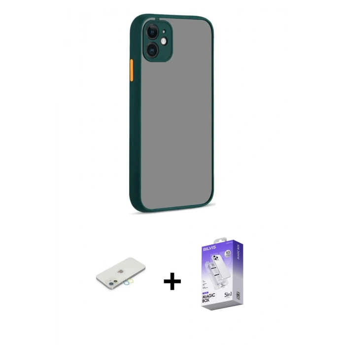 MARSİLYAN™- iPhone 12 Kılıf Ahenk Çizgi Serisi - Siyah Bilvis 5in1 3D Magic Cam Ekran Koruyucu + Renkli Kamera Lens Koruma Cam - SI