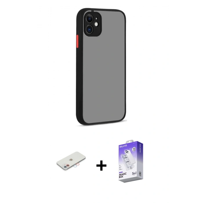 MARSİLYAN™- iPhone 12 Kılıf Ahenk Çizgi Serisi - Siyah Bilvis 5in1 3D Magic Cam Ekran Koruyucu + Renkli Kamera Lens Koruma Cam - PE