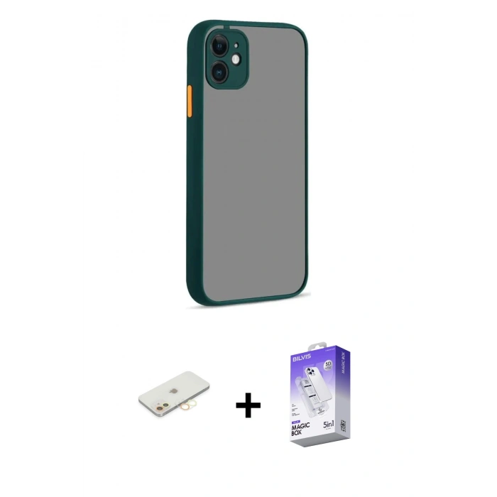 MARSİLYAN™- iPhone 12 Kılıf Ahenk Çizgi Serisi - Siyah Bilvis 5in1 3D Magic Cam Ekran Koruyucu + Renkli Kamera Lens Koruma Cam - SI