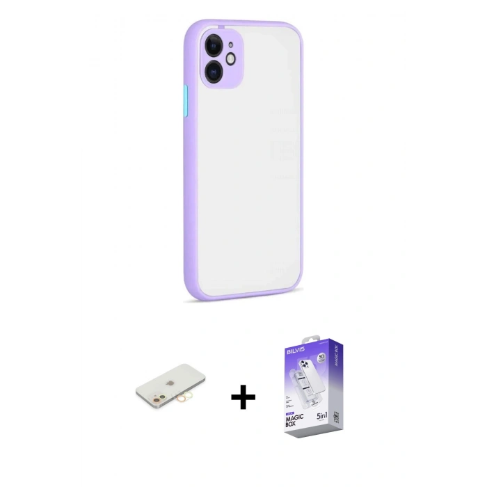 MARSİLYAN™- iPhone 12 Kılıf Ahenk Çizgi Serisi - Siyah Bilvis 5in1 3D Magic Cam Ekran Koruyucu + Renkli Kamera Lens Koruma Cam - SI