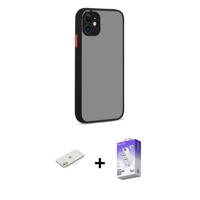 MARSİLYAN™- iPhone 12 Kılıf Ahenk Çizgi Serisi - Siyah Bilvis 5in1 3D Magic Cam Ekran Koruyucu + Renkli Kamera Lens Koruma Cam - SI