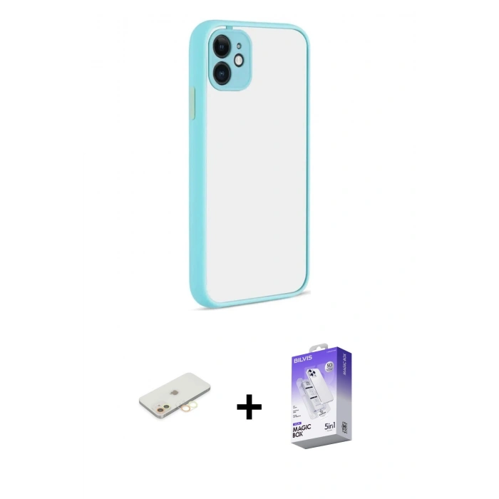 MARSİLYAN™- iPhone 12 Kılıf Ahenk Çizgi Serisi - Siyah Bilvis 5in1 3D Magic Cam Ekran Koruyucu + Renkli Kamera Lens Koruma Cam - SI