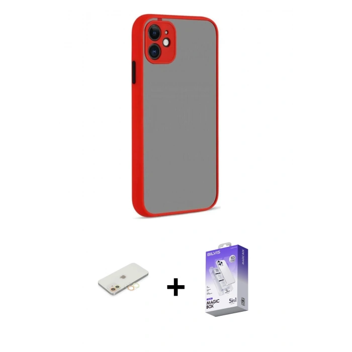 MARSİLYAN™- iPhone 12 Kılıf Ahenk Çizgi Serisi - Siyah Bilvis 5in1 3D Magic Cam Ekran Koruyucu + Renkli Kamera Lens Koruma Cam - SI