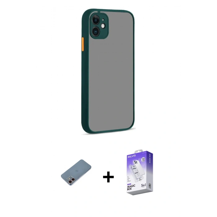 MARSİLYAN™- iPhone 12 Kılıf Ahenk Çizgi Serisi - Siyah Bilvis 5in1 3D Magic Cam Ekran Koruyucu + Shine Kamera Lens Koruma Cam - PE