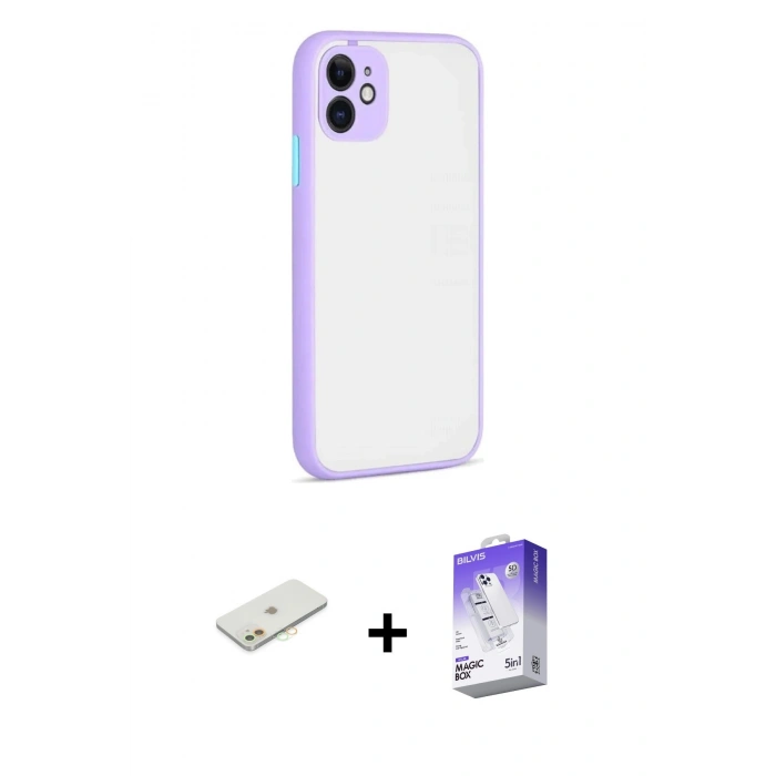 MARSİLYAN™- iPhone 12 Kılıf Ahenk Çizgi Serisi - Siyah Bilvis 5in1 3D Magic Cam Ekran Koruyucu + Renkli Kamera Lens Koruma Cam - TU